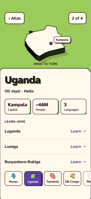 Kusoma country page for Uganda: the country raised on a green stock, the greeting “Oli otya!”, capital Kampala, about 48 million people, and three languages to learn: Luganda, Lusoga and Runyankore-Rukiga.